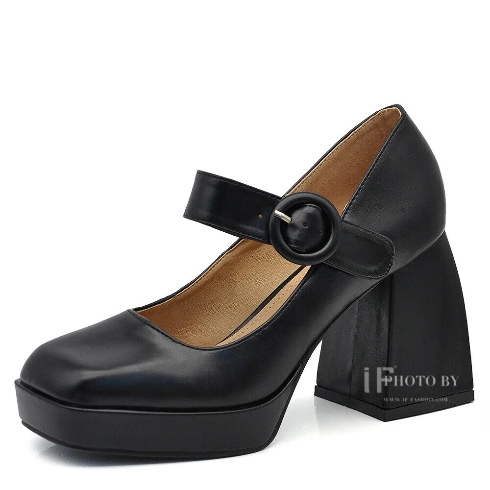Décolleté Scarpe Da Donna Mary Jane Tacco Grosso Con Cinturini JM-9818