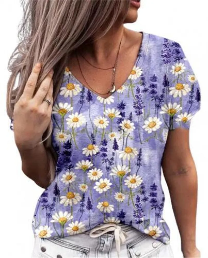 Estate moda femminile maglietta scollo a V donne eleganti fiore modello Shor