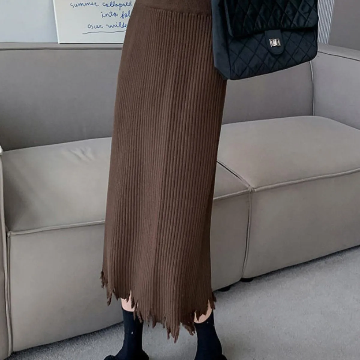 Gonne longuette lavorate a maglia da donna, comode e semplici, dritte, eleganti da ufficio, tutte abbinate, con nappe, design ch