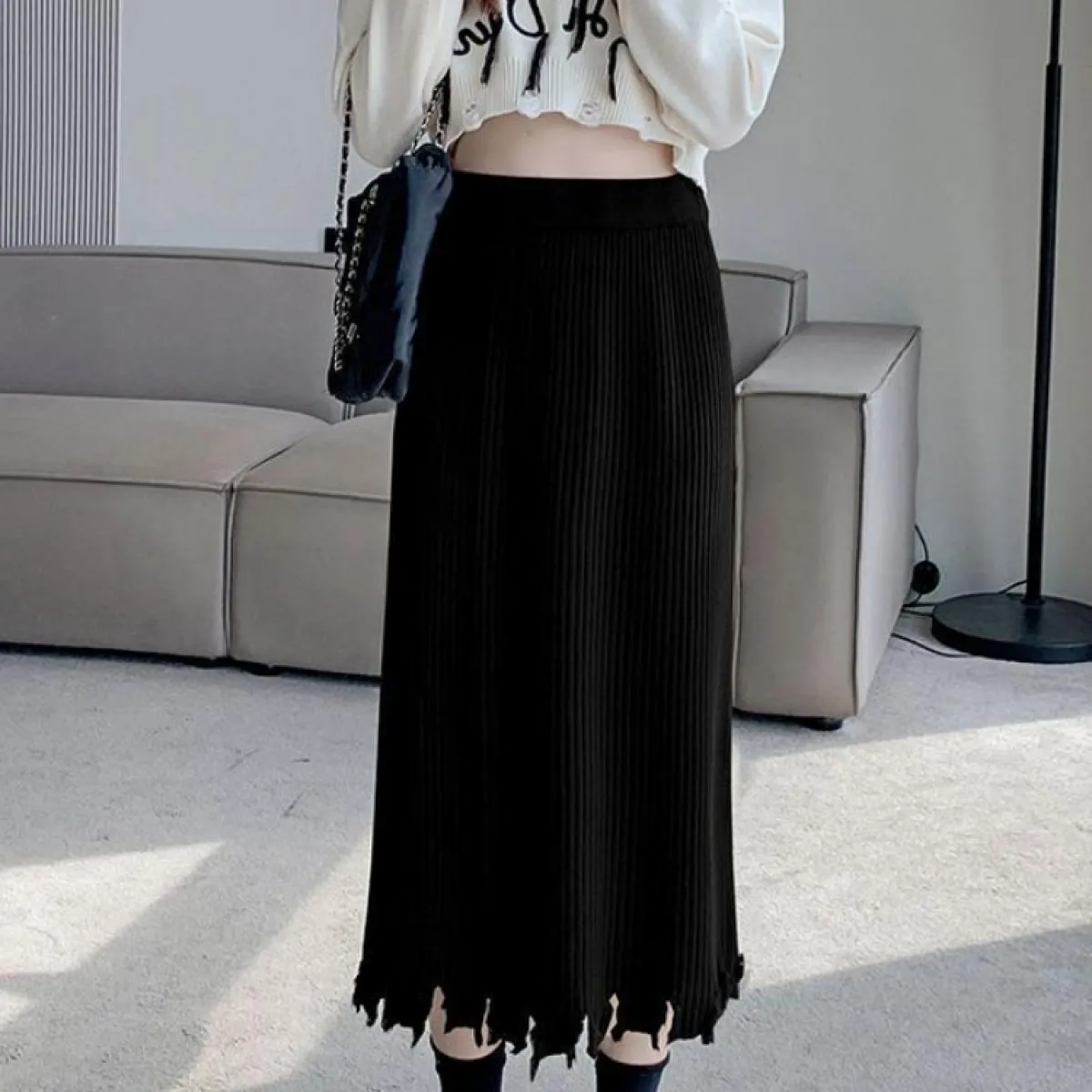 Gonne longuette lavorate a maglia da donna, comode e semplici, dritte, eleganti da ufficio, tutte abbinate, con nappe, design ch