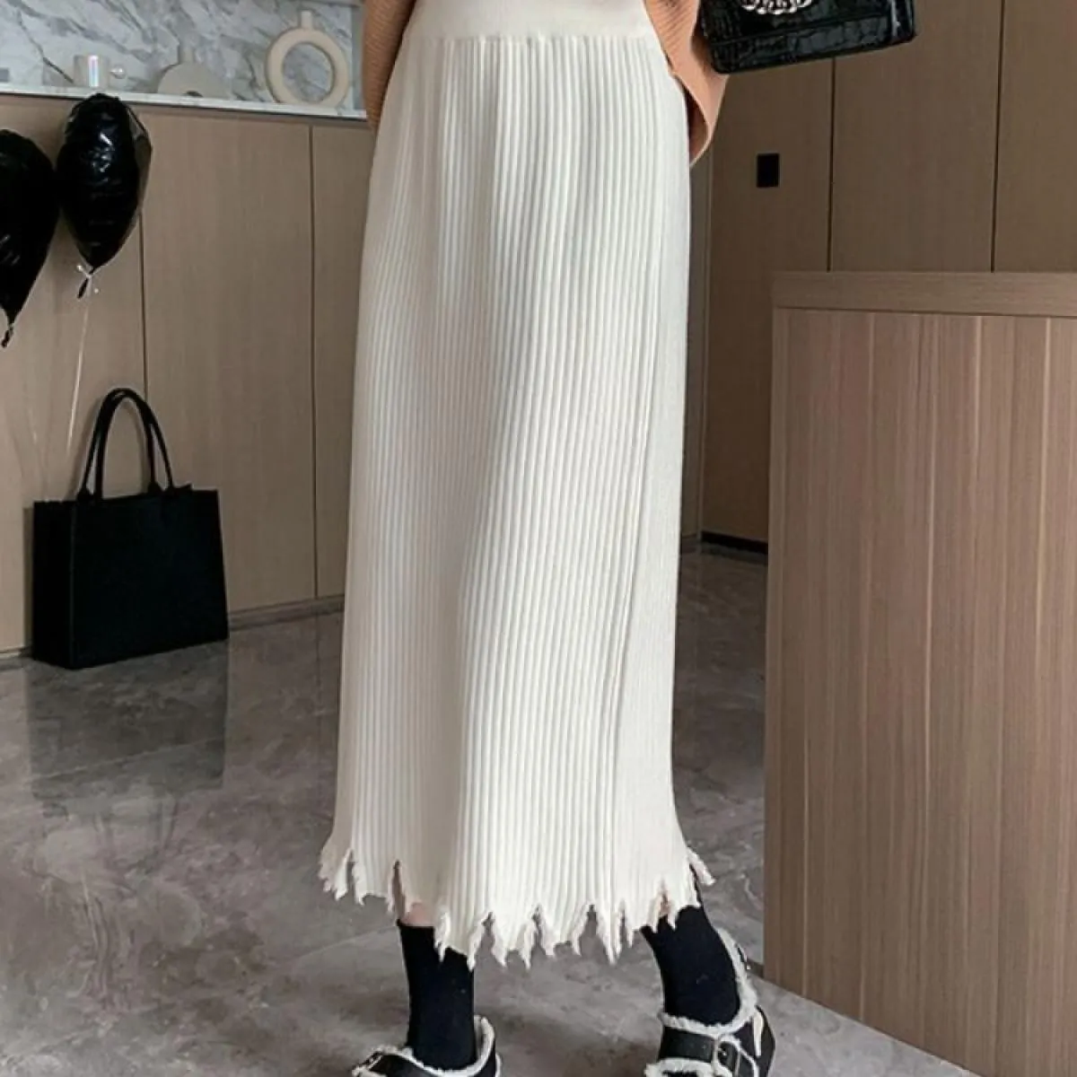 Gonne longuette lavorate a maglia da donna, comode e semplici, dritte, eleganti da ufficio, tutte abbinate, con nappe, design ch