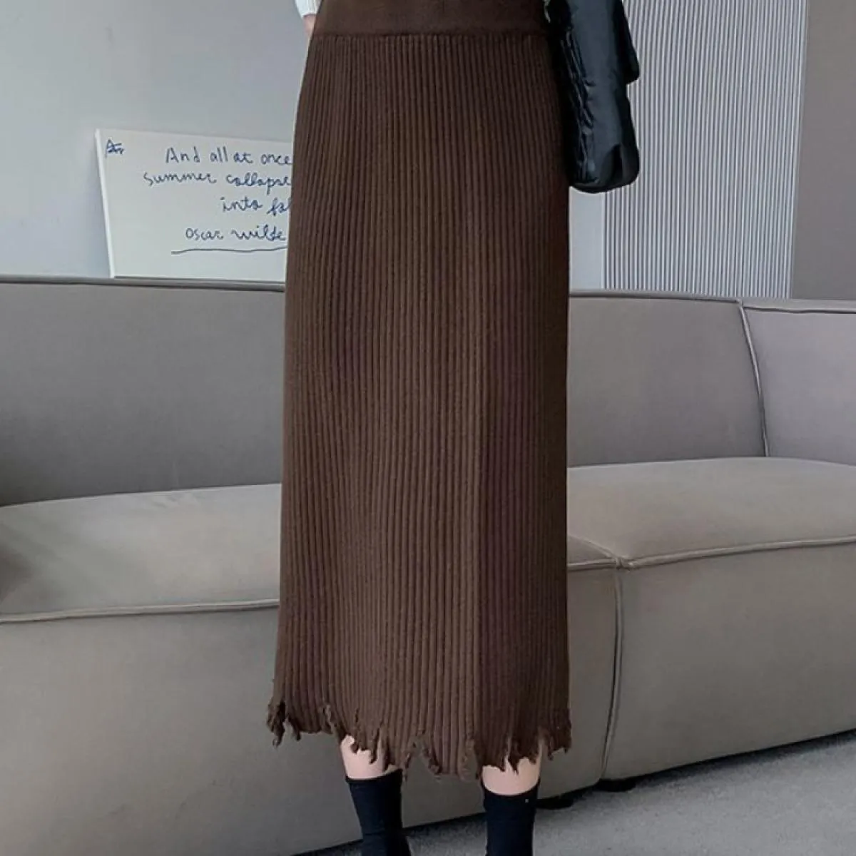 Gonne longuette lavorate a maglia da donna, comode e semplici, dritte, eleganti da ufficio, tutte abbinate, con nappe, design ch