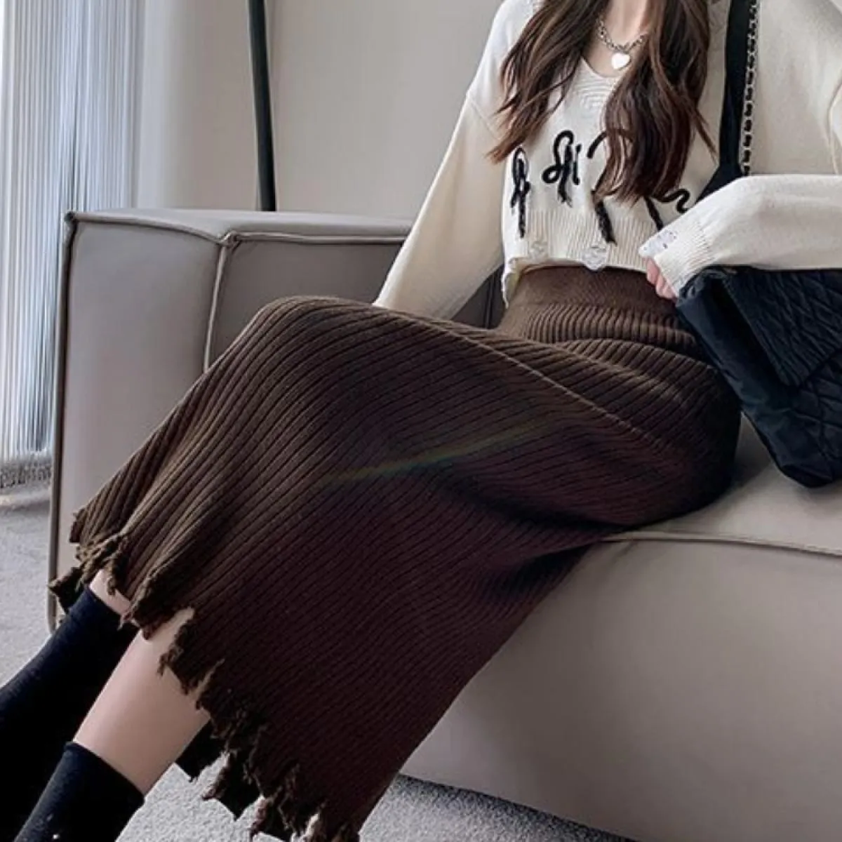 Gonne longuette lavorate a maglia da donna, comode e semplici, dritte, eleganti da ufficio, tutte abbinate, con nappe, design ch