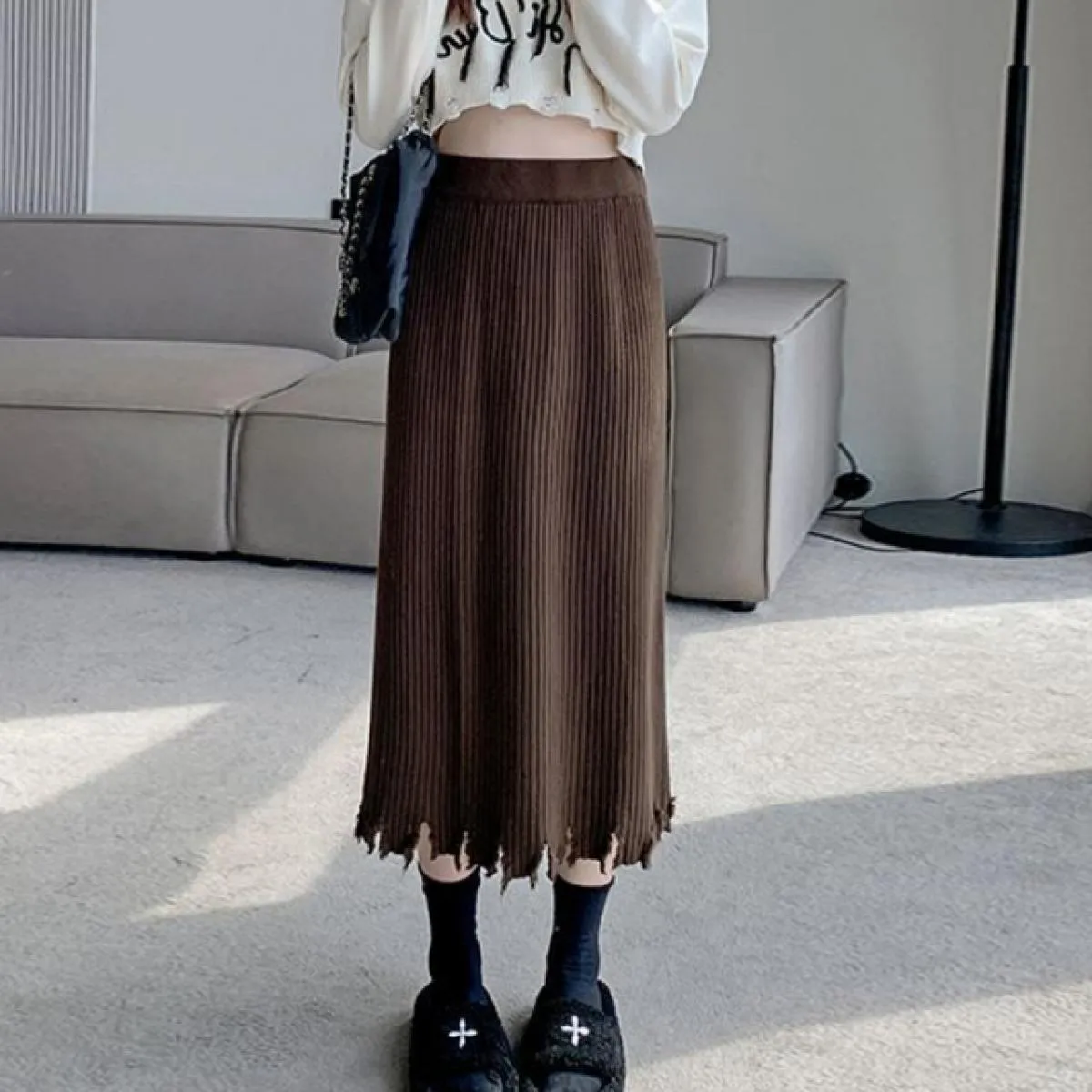 Gonne longuette lavorate a maglia da donna, comode e semplici, dritte, eleganti da ufficio, tutte abbinate, con nappe, design ch