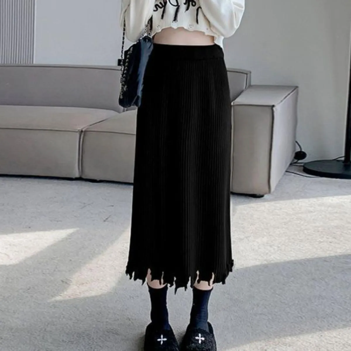 Gonne longuette lavorate a maglia da donna, comode e semplici, dritte, eleganti da ufficio, tutte abbinate, con nappe, design ch