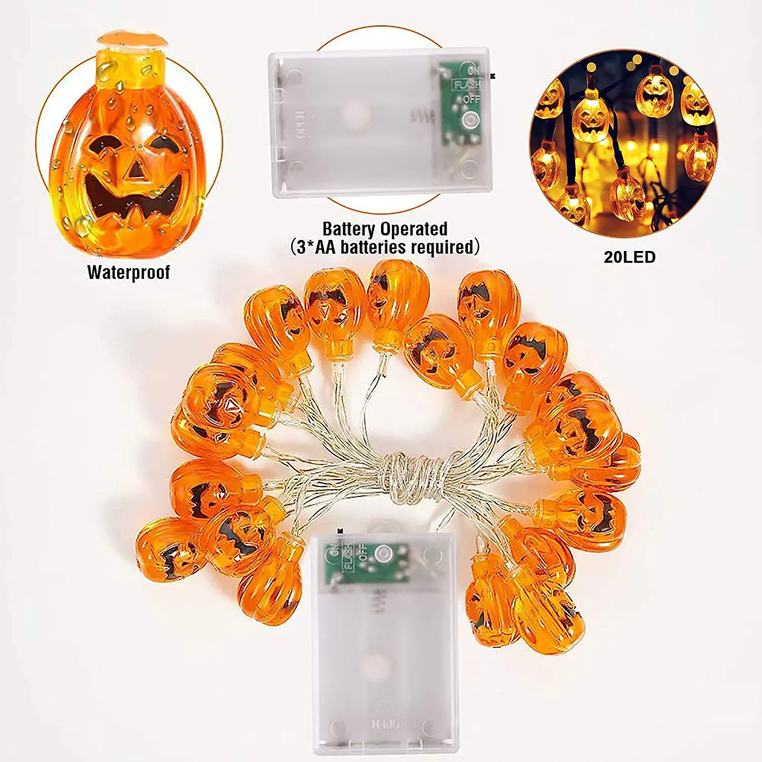 Halloween Luci Stringa, Luci di Zucca di Halloween, 3M/20 LED Luci Halloween Zucca con 2 Modalità Regolabili, IP65 Impermeabile 