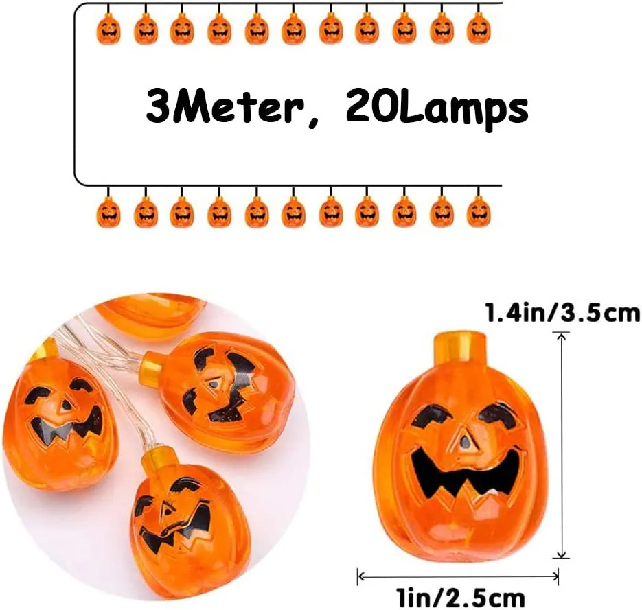 Halloween Luci Stringa, Luci di Zucca di Halloween, 3M/20 LED Luci Halloween Zucca con 2 Modalità Regolabili, IP65 Impermeabile 