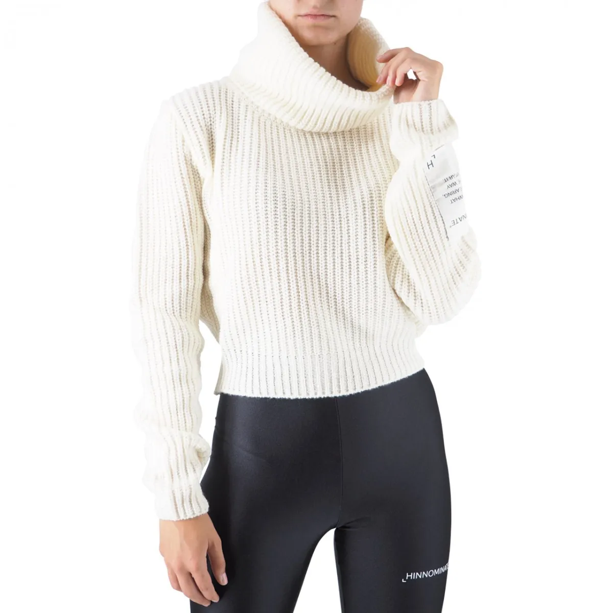 Maglia Corta Dolcevita Costa Perlata Con Etichetta Bianco Burro