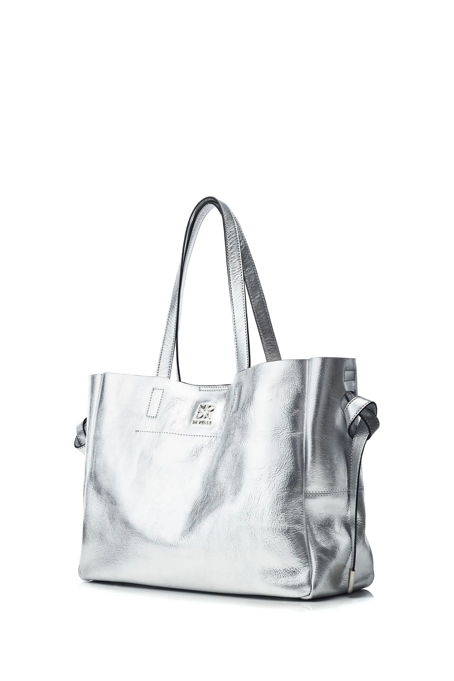 Moda in Pelle Argento - Indiana - Borsa tote grande in pelle con pochette interna