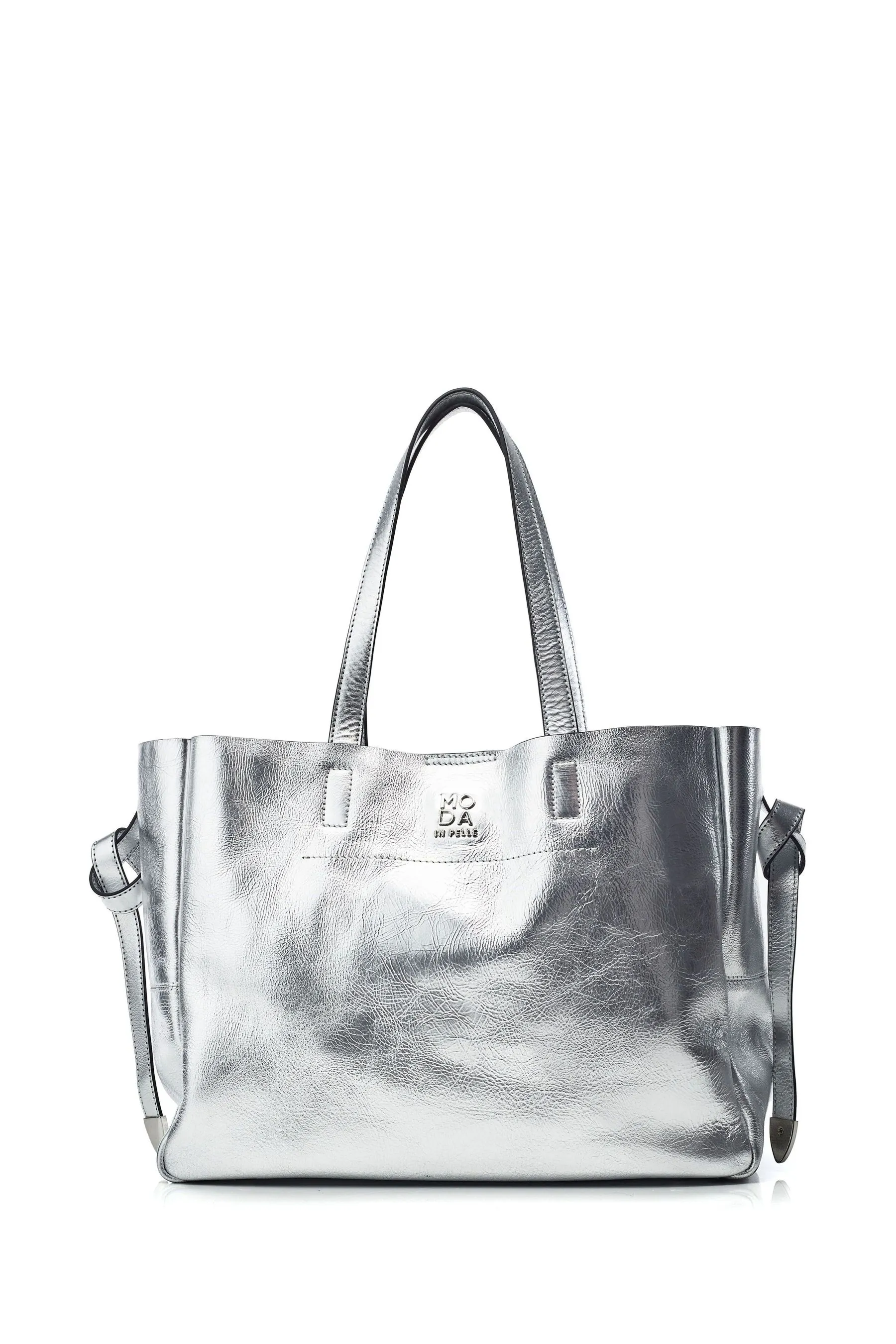 Moda in Pelle Argento - Indiana - Borsa tote grande in pelle con pochette interna