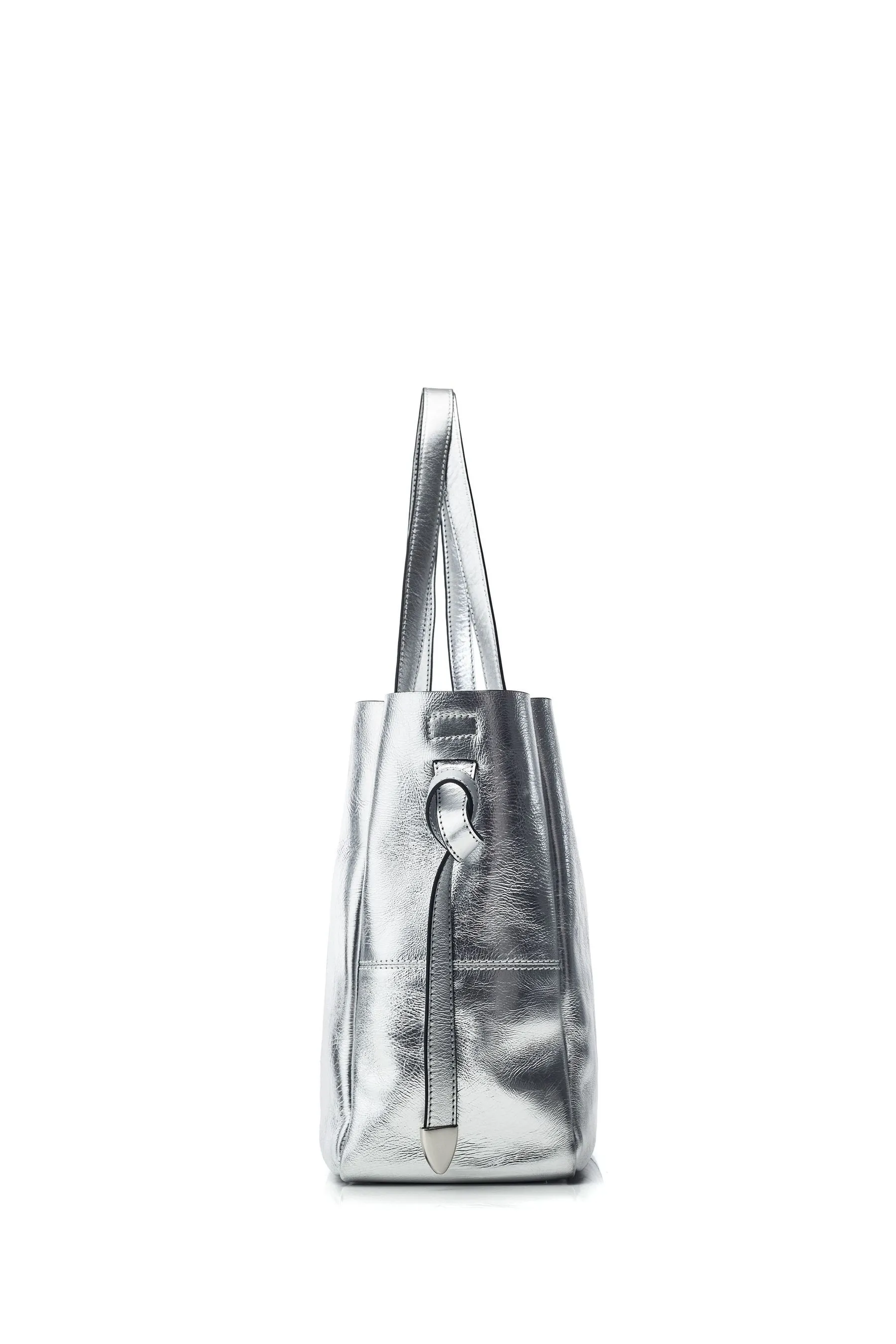 Moda in Pelle Argento - Indiana - Borsa tote grande in pelle con pochette interna