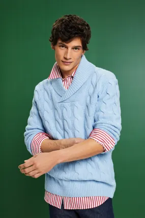 Pullover con collo sciallato in maglia intrecciata di lana