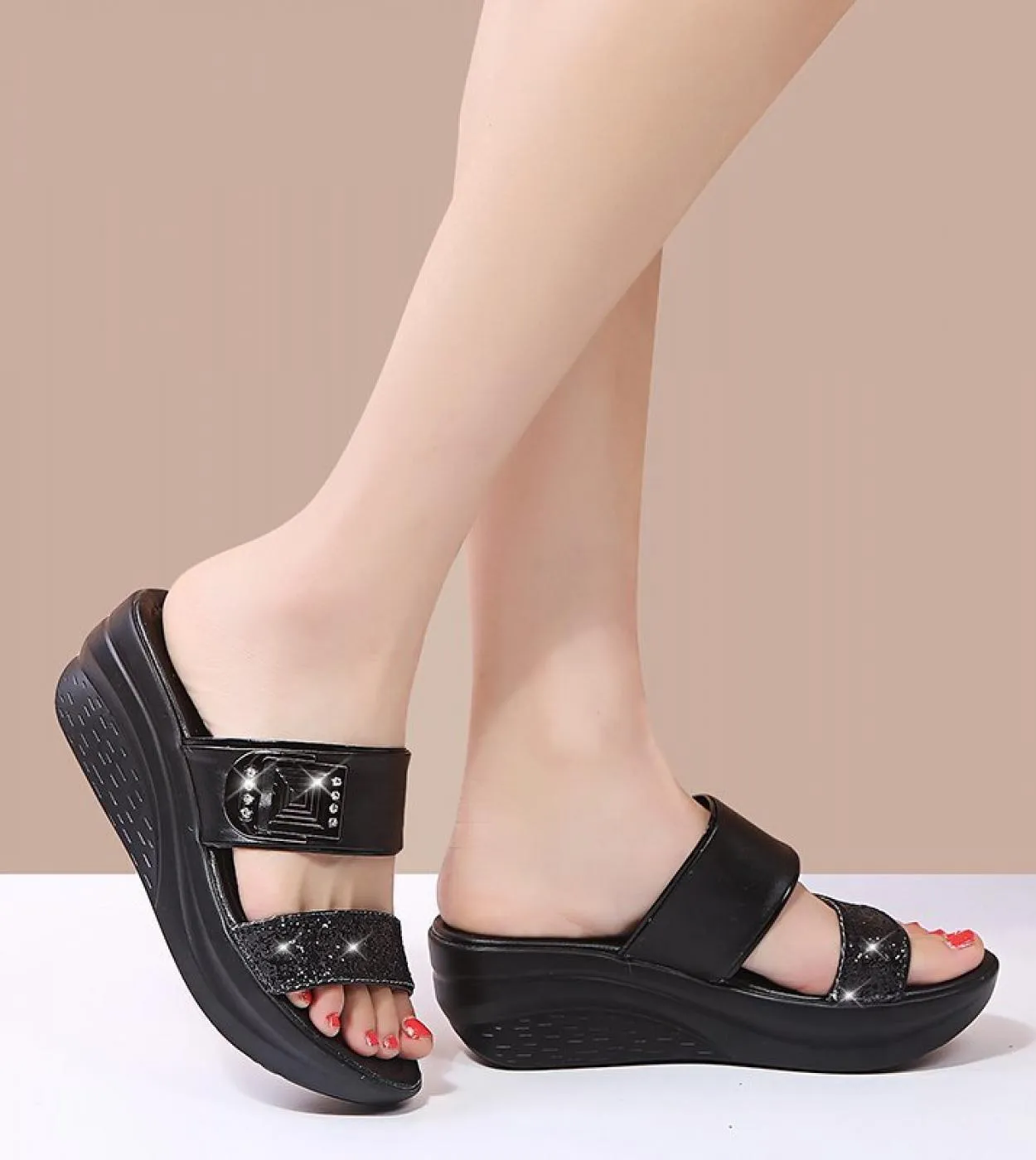 Sandali con plateau con paillettes oro argento donna estate 2023 zeppe antiscivolo pantofole da spiaggia sandali con fondo spess
