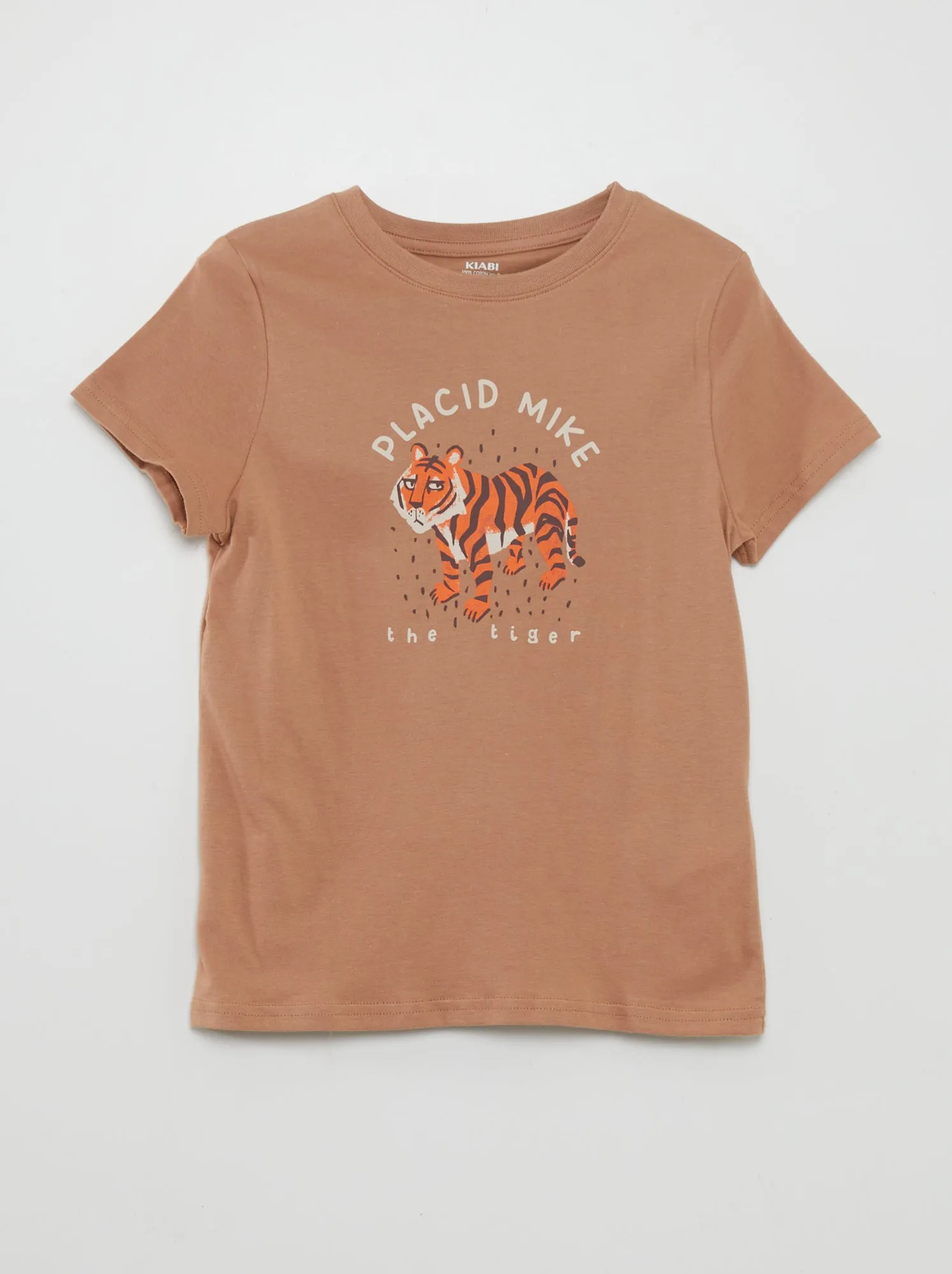 T-shirt scollo tondo con stampa - MARRONE