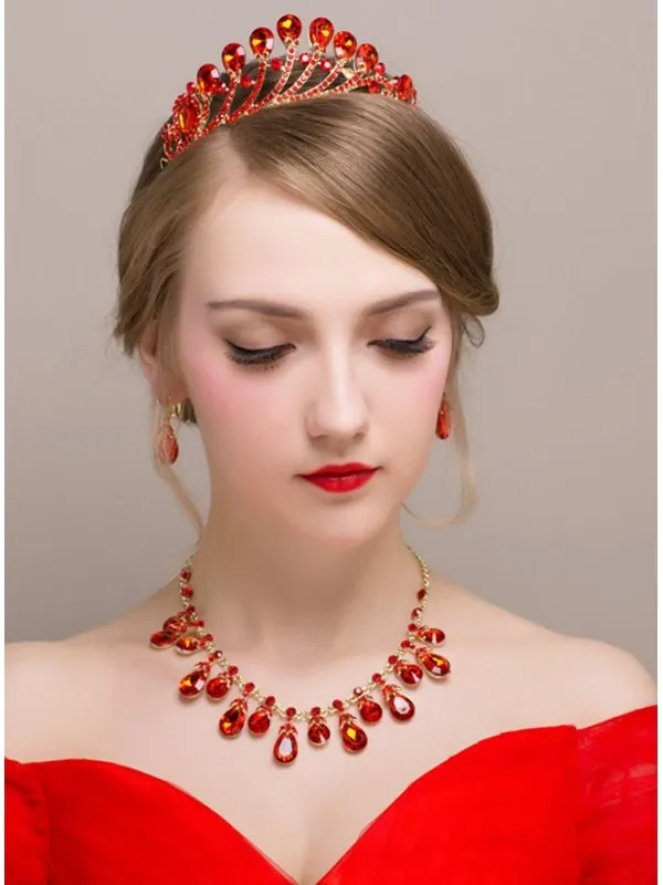 Tiara Sposa rossa con orecchini a goccia