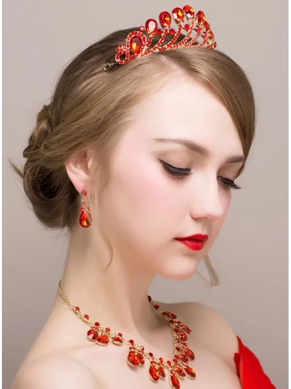Tiara Sposa rossa con orecchini a goccia