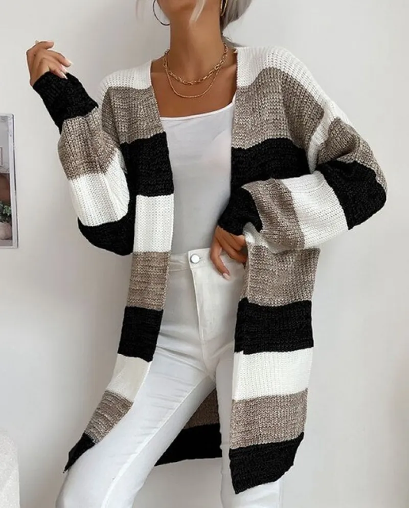 Womens Fashion Long Sleeved Striped Cardigan Sweater Coat Long Style Spring Autumn Clothing Casual Sweater Cardigan Jack