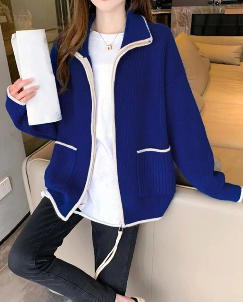 Womens Thick Warm Knit Sweater Cardigan Fashion Zipper Design Lapel Sweater Cardigan Coats Women Outwear Knitwear Autumn